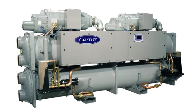 Chiller Carrier de condensação a água, com trocadores cilíndricos e compressores