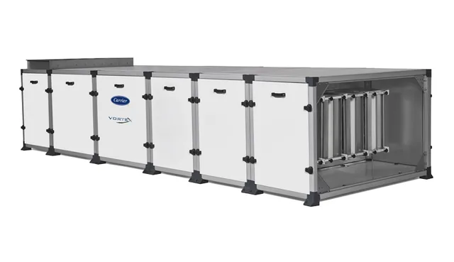 Unidade de tratamento de ar Carrier modular, com seções de filtragem e ventilação em linha