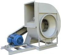 Ventilador centrífugo industrial com motor elétrico acoplado sobre base metálica