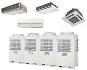 Sistema VRF: unidades internas de tipos variados sobre uma bateria de quatro condensadoras